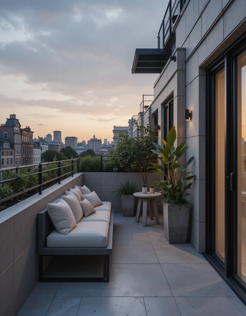 If your style is contemporary and moody, opt for a minimalist look and employ smooth concrete planters, a slender bench, and minimal, strategically placed greenery like snake plants or rubber figs. The restraint makes the colors of the sunset stand out—your backdrop is bare, but the sky is the focal point.This appearance is simply marvelous with black metal accenting, stone-textured planters, and beige or natural fabrics like linen or canvas. It is a refined, architectural look that honors form and light without pretension. Soft, dark, and deeply reflective as the light begins to fall over the city.