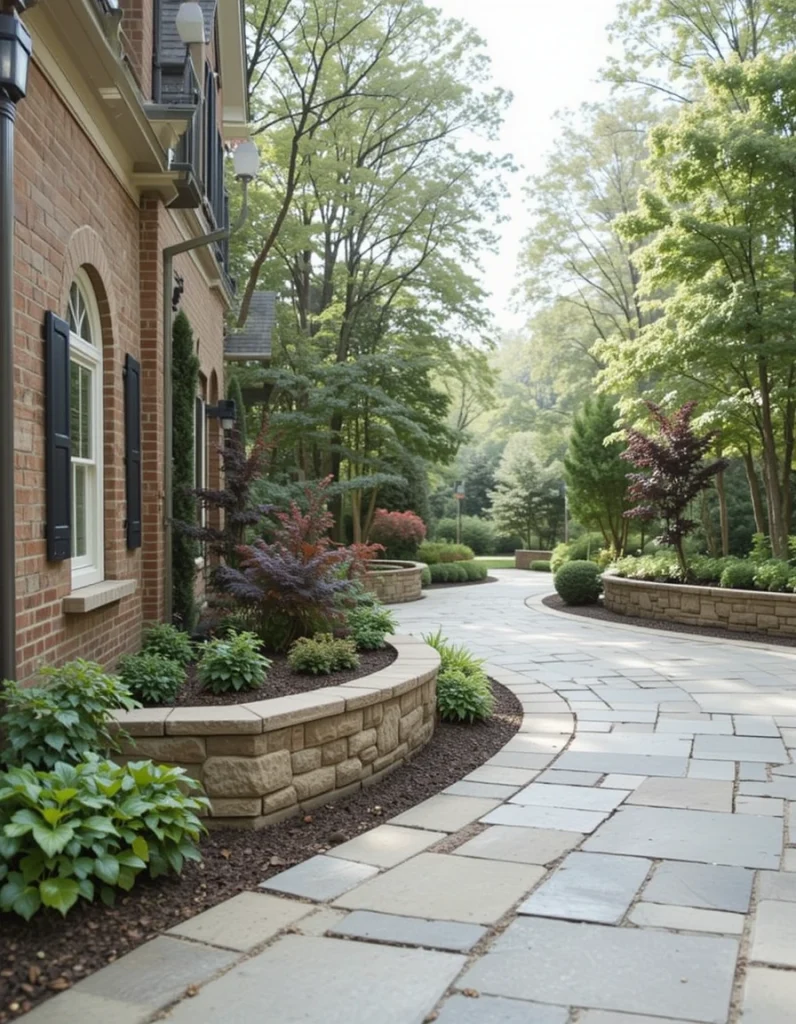 Build low brick or stone walls on either side of your driveway to create contained planting beds or benches. These walls add architectural style and serve to define the space. Select materials that are consistent with your home’s exterior, and consider adding built-in lighting for evening safety and ambiance.