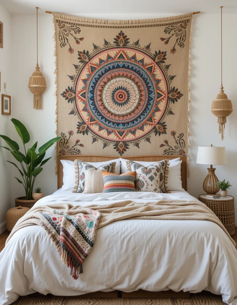Large-scale wall hangings like woven tapestries, macrame pieces, or embroidered textiles are a boho bedroom must-have. These add texture and visual interest while filling empty wall space in an artistic way. You can go for a colorful mandala tapestry for a vibrant, hippie-inspired look or choose a neutral macrame piece for a more subtle touch. Hanging a large woven piece above your bed can even serve as a creative alternative to a traditional headboard.