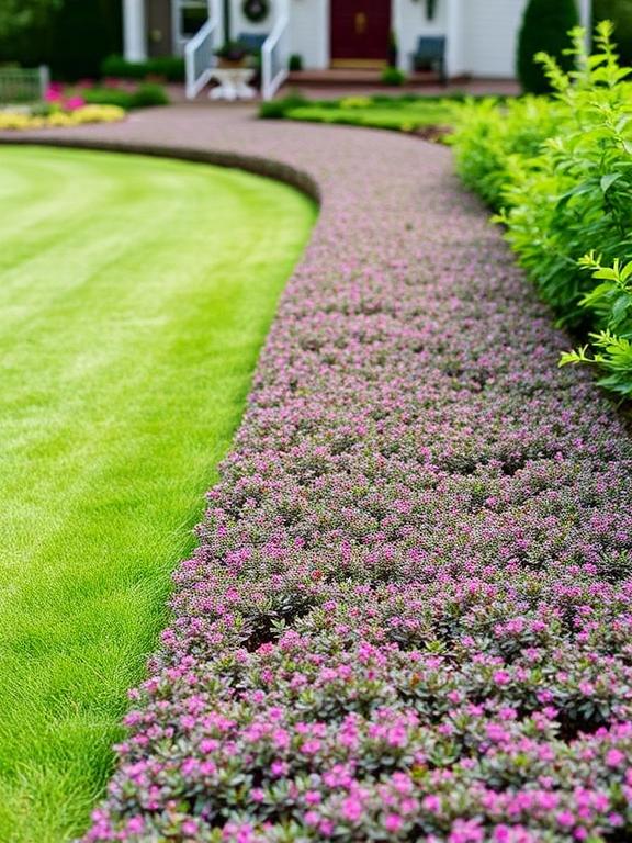 Replace tricky-to-mow strips of grass along your driveway with lovely, low-maintenance ground covers. Creeping thyme, sedum, or ajuga create textured carpets of seasonal color and maintain low upkeep. Choose varieties that will tolerate the occasional walk-through and your local climate conditions.