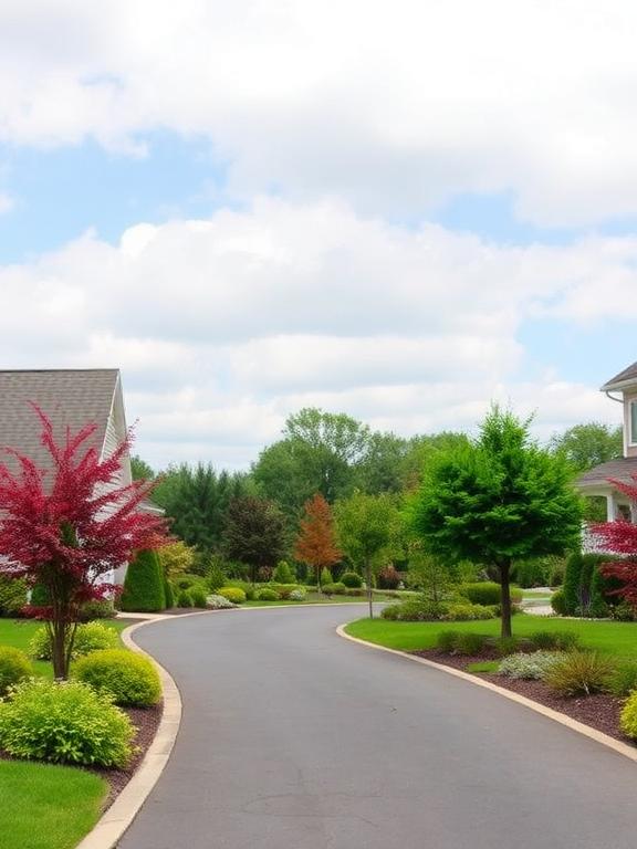 Drive way landscaping) Plant specimen trees in strategic spots along your driveway to create visual anchors. Select varieties with interest for multiple seasons, such as flowering dogwoods (spring blooms, summer foliage, fall color) or Japanese maples (spring arrival, summer texture, fall brilliance). Position these trees so they won’t interfere with vehicles or overhead wires as they mature.