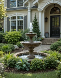 tiny fountain in the center of your front yard adds movement and sound, furthering the sensory beauty of your home. Choose something that will look good with your home's style for a balanced appearance. Even an ordinary basin fountain can be extravagant.