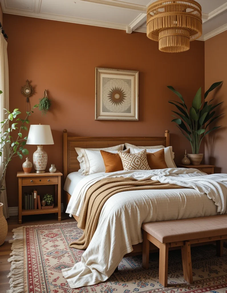 Bohemian bedrooms often feature warm, earthy tones like terracotta, mustard yellow, olive green, and rust. These colors create a grounding, inviting atmosphere while allowing bolder decor elements to shine. If you prefer a softer look, go for neutral boho tones like beige, off-white, or soft gray with pops of color in textiles and accessories. Pairing these colors with natural wood and greenery enhances the organic, nature-inspired feel of a boho space.
