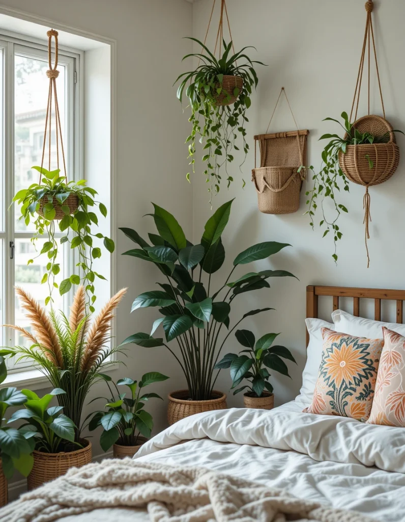 Plants are an essential part of boho decor, bringing life, texture, and a natural element into your space. Hanging planters, large leafy plants like fiddle leaf figs, and trailing vines add an organic feel to the room. Not only do plants enhance the overall aesthetic, but they also improve air quality and make the space feel more tranquil. If you don’t have a green thumb, opt for low-maintenance varieties like snake plants, pothos, or dried pampas grass.
