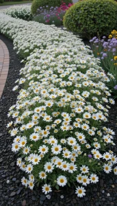 Contrast of White Flowers and Dark Mulch
