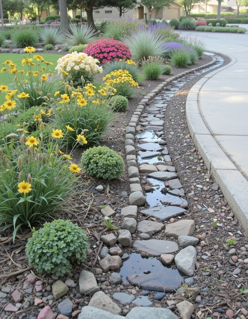 Transform drainage issues into landscape features by constructing rain gardens down your driveway. These shallow basins filled with water-tolerant native flowers collect runoff, bypassing erosion while providing local wildlife with a resource. Install these gardens in natural low areas and select plants with varying heights, textures, and bloom times for continuous visual interest.