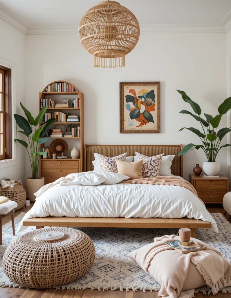 Boho spaces often include a mix of low-profile furniture like platform beds, floor cushions, or woven stools for a more grounded, relaxed aesthetic. Combining these with taller statement pieces, like a tall bookshelf or a hanging chair, creates a nice balance in the room. This mix makes the space feel informal yet intentional, enhancing the free-spirited, effortless appeal of boho interiors.