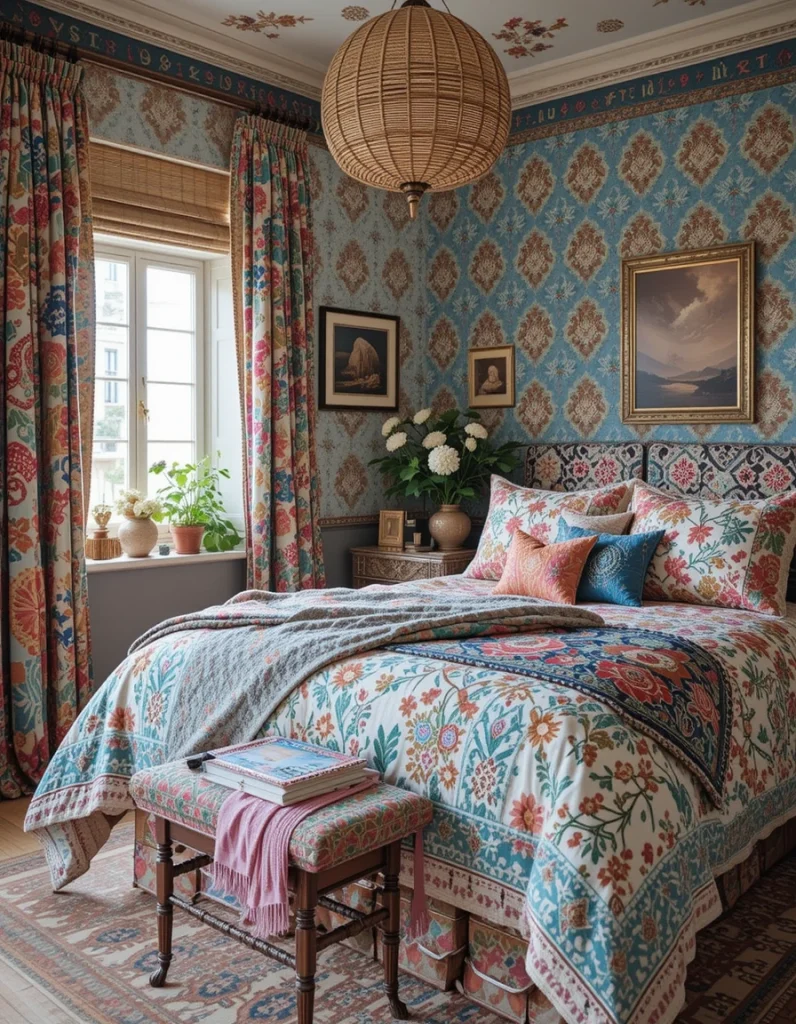 Boho interiors embrace an effortless mix of patterns, often drawing inspiration from cultures around the world. Incorporate Moroccan-style rugs, Aztec or ikat prints, and floral or paisley bedding to achieve a collected, well-traveled aesthetic. To keep the look cohesive, choose a consistent color palette that ties everything together. If you’re new to mixing patterns, start with smaller accents like pillows and curtains before experimenting with bold statement pieces like a patterned wallpaper or duvet cover.