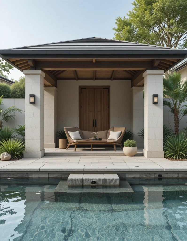Zen cabana embraces simplicity, balance, and natural materials. Elements like smooth stone, bamboo, and quiet water features create a calming effect. The color palette stays soft to minimize visual noise. This is ideal for homeowners looking to turn the backyard into a quiet retreat. The overall feel encourages slow moments and intentional relaxation.