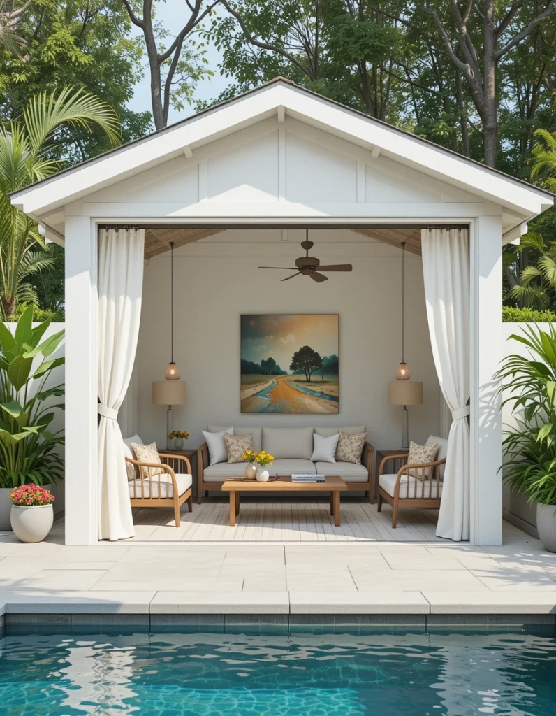 Even small spaces can feel luxurious with a smart layout. Using multifunctional furniture helps the cabana stay uncluttered. Sliding doors or curtains let you adjust privacy instantly. Light colors make the space appear larger and more open. This concept proves you don’t need a big yard to create comfort and style.
