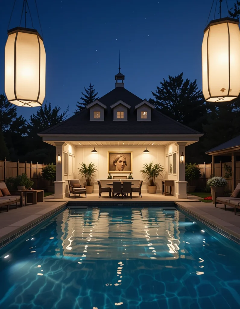 Lighting can completely change the mood of your cabana. Oversized lanterns, hanging pendants, or LED strips can create dramatic evening ambiance. Placing lights at multiple levels adds depth and dimension. Soft bulbs make the space feel warm instead of harsh. It’s a simple upgrade that dramatically elevates the atmosphere.
