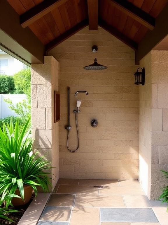 Outdoor showers bring a refreshing spa-like moment to the pool area. Using stone floors or teak decking keeps the space visually appealing. Surrounding the shower with plants adds privacy. Weatherproof plumbing ensures long-term reliability. This feature is highly functional for rinsing off chlorine or sand.
