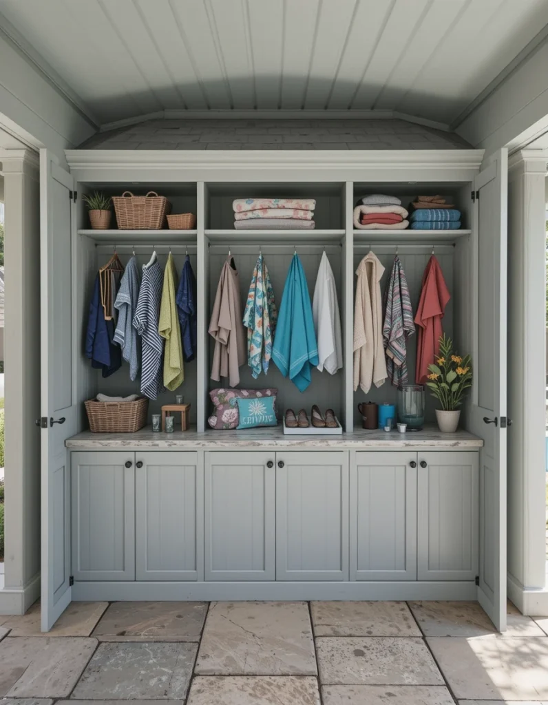 Built-in storage keeps the clutter out of sight, making the cabana feel tidy. Hidden cabinets can store towels, pool toys, and outdoor essentials. Using weather-resistant materials ensures everything stays protected. This design is especially useful for families with kids. A clean cabana naturally feels more peaceful and inviting.
