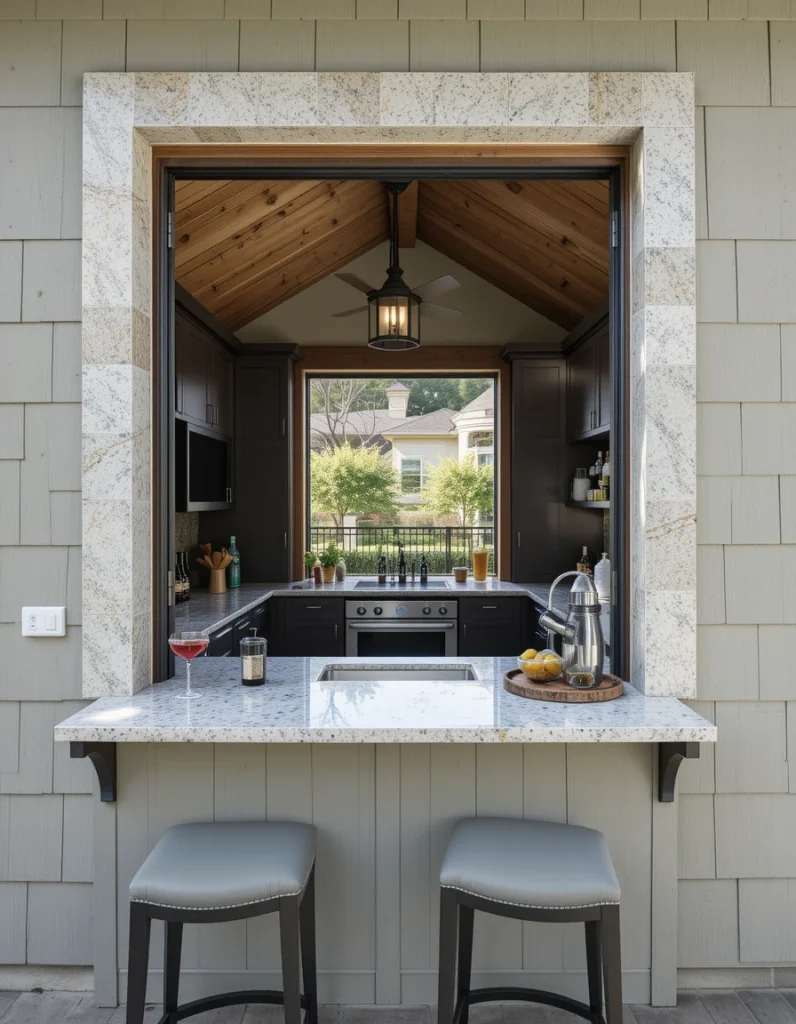 A pass-through bar window makes serving drinks or snacks incredibly convenient. It keeps foot traffic outside the cabana while still feeling connected to the indoor area. Using weather-friendly countertops ensures durability year-round. Bar stools on the exterior side create an instant hangout zone. This design is perfect for people who love hosting but hate going back and forth to the kitchen.
