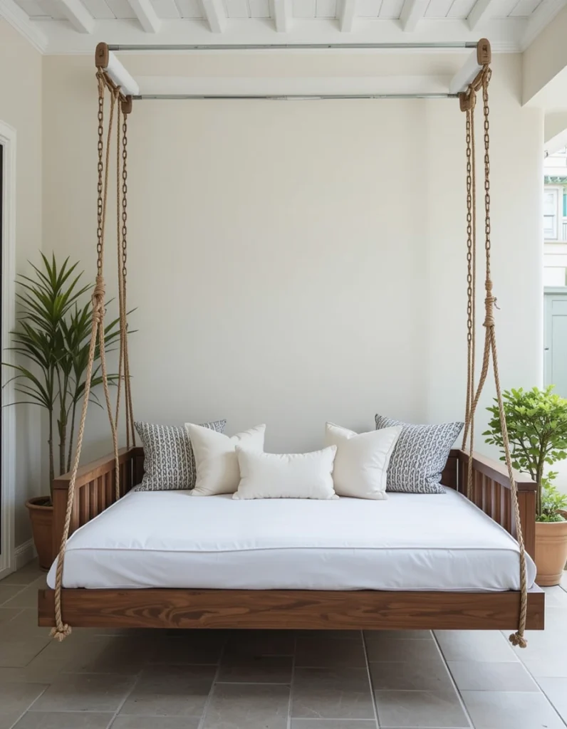 Swinging daybeds turn your pool house into an instant relaxation zone. The gentle movement helps you unwind in a way standard seating just can’t match. Using sturdy ropes or metal chains ensures the swings stay secure and stylish. Add oversized pillows for extra comfort. This setup becomes a guest favorite because it feels playful yet luxurious.
