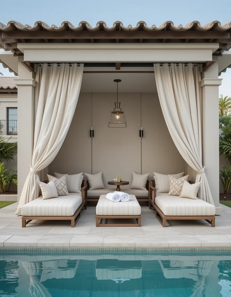 This design mimics upscale hotels with plush lounge chairs, thick cushions, and rich fabrics. Neutral tones and high-end materials create a polished, indulgent look. Adding small touches like rolled towels and citronella candles enhances the experience. The goal is effortless comfort with elegant simplicity. It’s perfect for people who want every pool day to feel special.