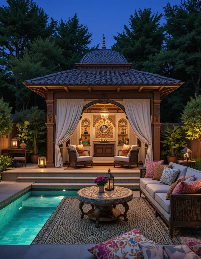 A Moroccan design uses ornate patterns, jewel tones, and carved wood details. The richness of the style instantly adds glamour to your pool area. Soft textiles and lantern lighting create a warm ambiance. Mosaic tables or tiles add that unmistakable Moroccan flair. Homeowners choose this look when they want their backyard to feel culturally rich and visually dramatic.
