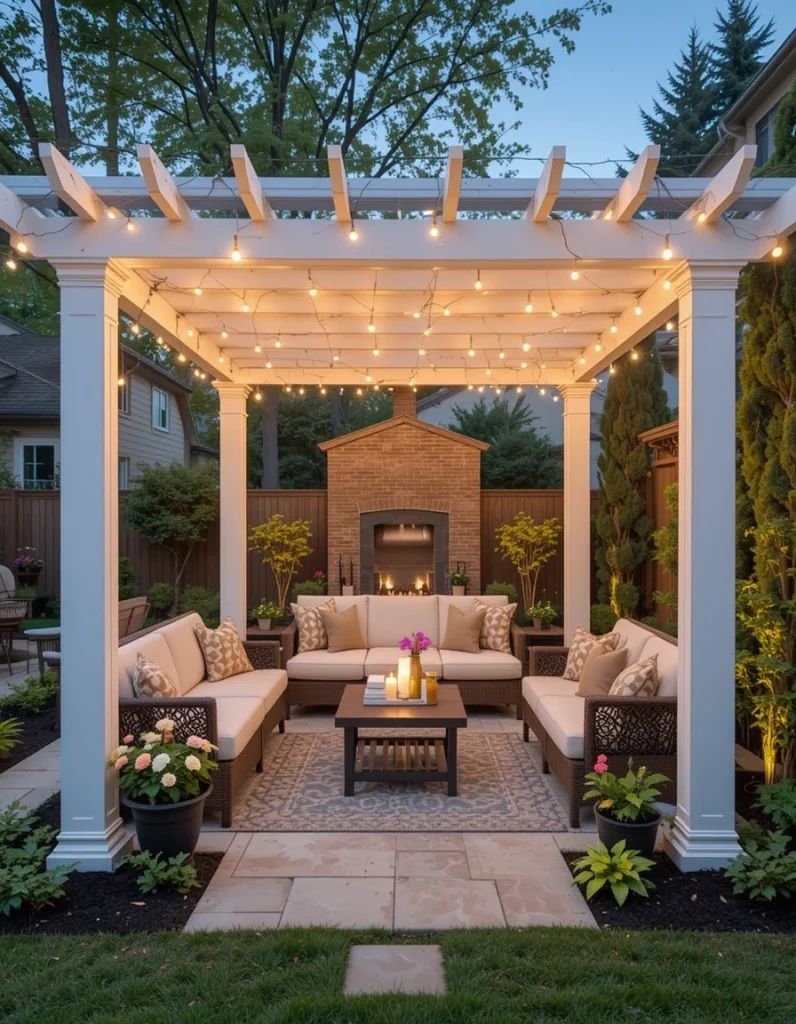 A pergola brings structure and shade while adding architectural interest. When draped with warm string lights, it transforms into a magical evening setting. It’s an excellent option if your yard lacks cozy gathering areas. A pergola also helps define outdoor “zones,” making the space feel more intentional. Even small yards benefit because vertical structures draw the eye upward.