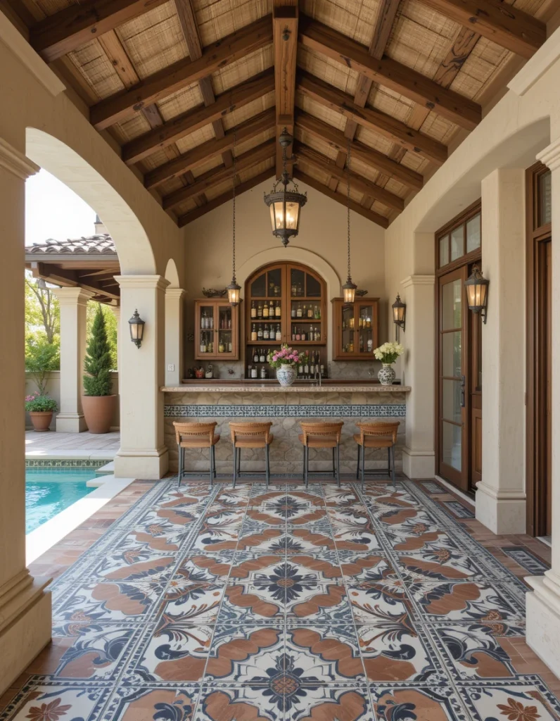 Mediterranean tiles add bold color, pattern, and texture, making your cabana instantly eye-catching. These tiles can line the bar, floor, or outdoor shower for a cohesive look. Paired with warm woods and terracotta planters, the whole space feels earthy and inviting. This design ages beautifully because minor weathering only adds charm. Many homeowners appreciate that the look is timeless and doesn’t go out of style.