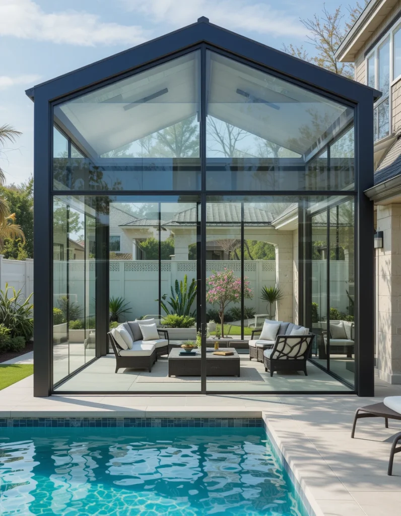 Glass walls make your cabana feel open while still offering shelter. They’re especially useful if you want to block wind without hiding the view. Choose tempered or UV-treated glass for long-term durability. The structure feels modern and blends seamlessly with contemporary homes. Guests love how this design gives an upscale, resort-level look.
