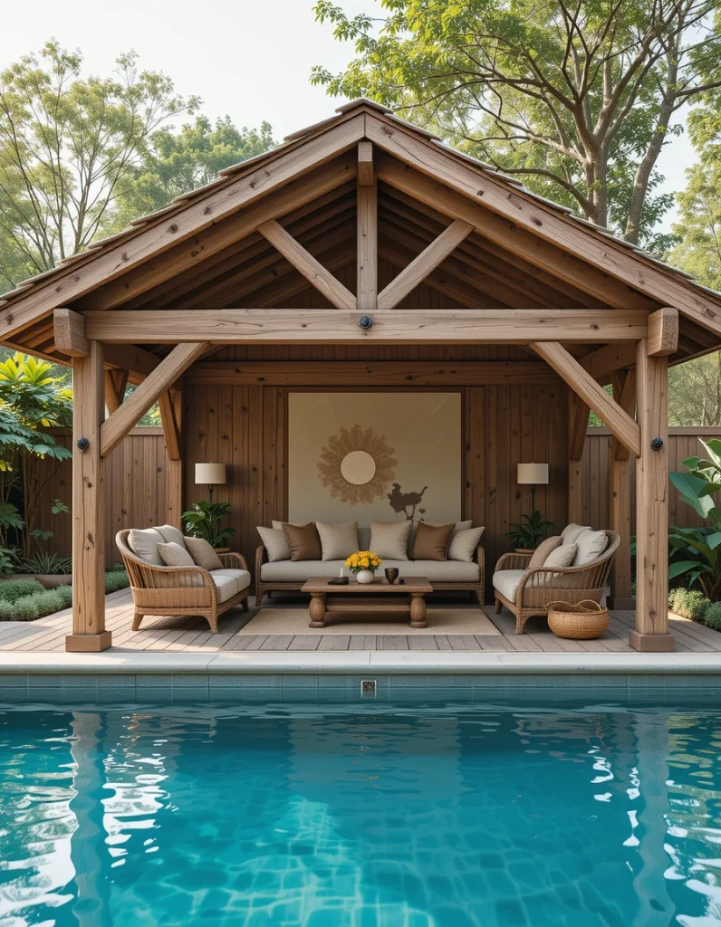 A rustic cabana uses natural timbers to create a warm and grounded feel. The slight imperfections in the wood give it character. Layering textured fabrics and earthy tones adds depth. This style complements pools surrounded by gardens or natural landscaping. It’s a great option for those who want a cozy, organic atmosphere.
