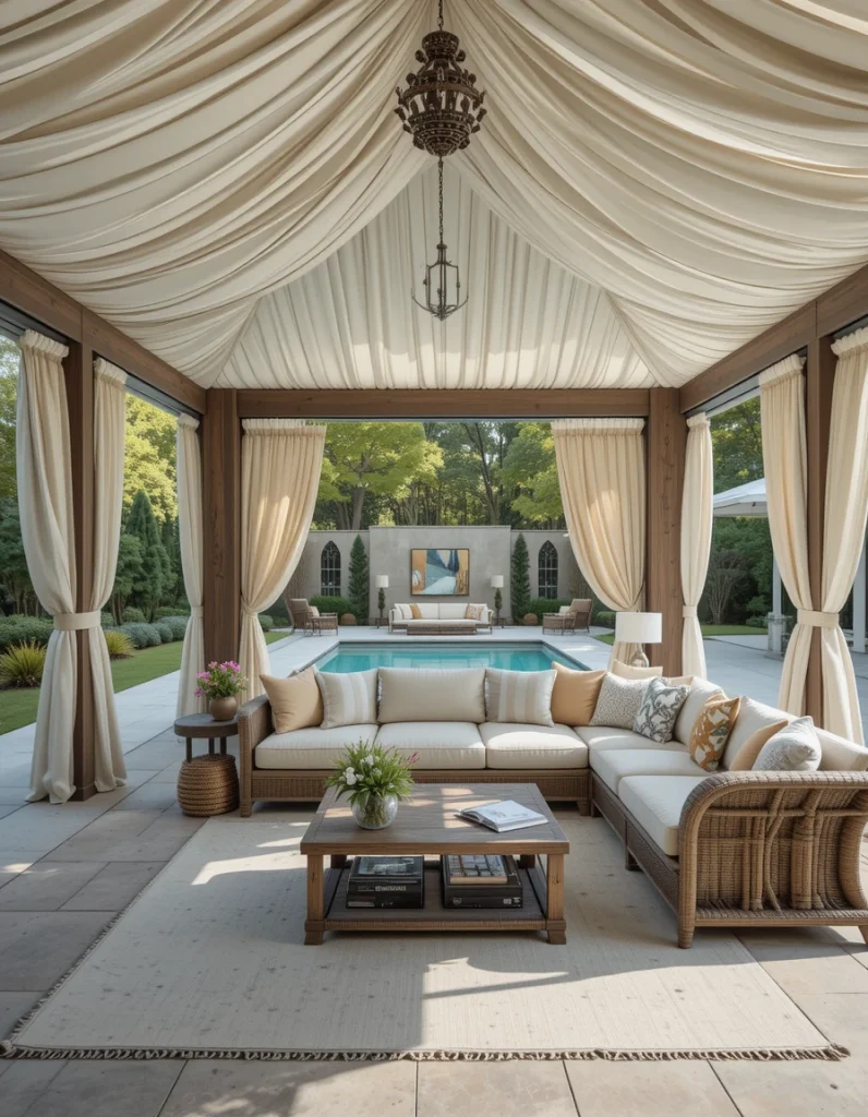 An open-air cabana keeps everything light and uncluttered, using wide openings and airy drapes. This design gives you maximum ventilation, which is perfect in warm climates where you want sun protection without feeling boxed in. Soft seating like deep outdoor sofas makes it feel like an outdoor living room. The best part is how easy it is to rearrange furniture for gatherings. It’s a favorite for families who entertain often because it adapts to every event.