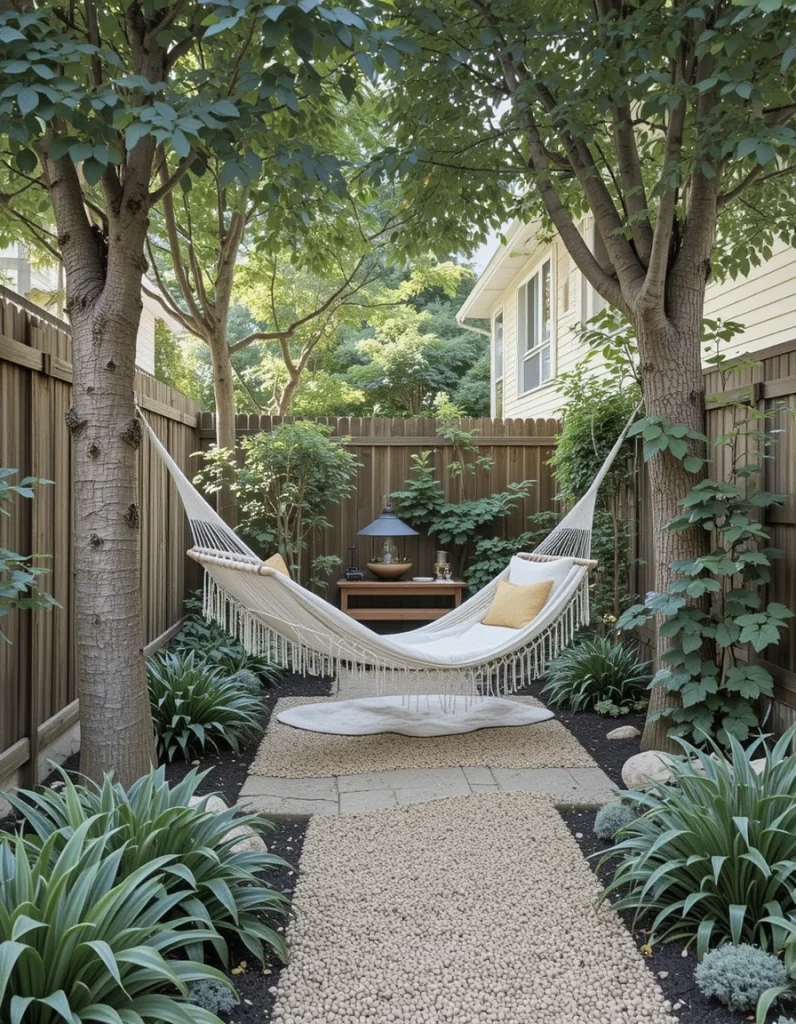 A hammock adds instant relaxation vibes and encourages outdoor lounging. Place it between two trees or on a freestanding stand. Surrounding the area with shade plants or soft groundcover makes it feel like a small getaway. It’s a simple addition that delivers outsized comfort. This idea works especially well in narrow or unused side yards.
