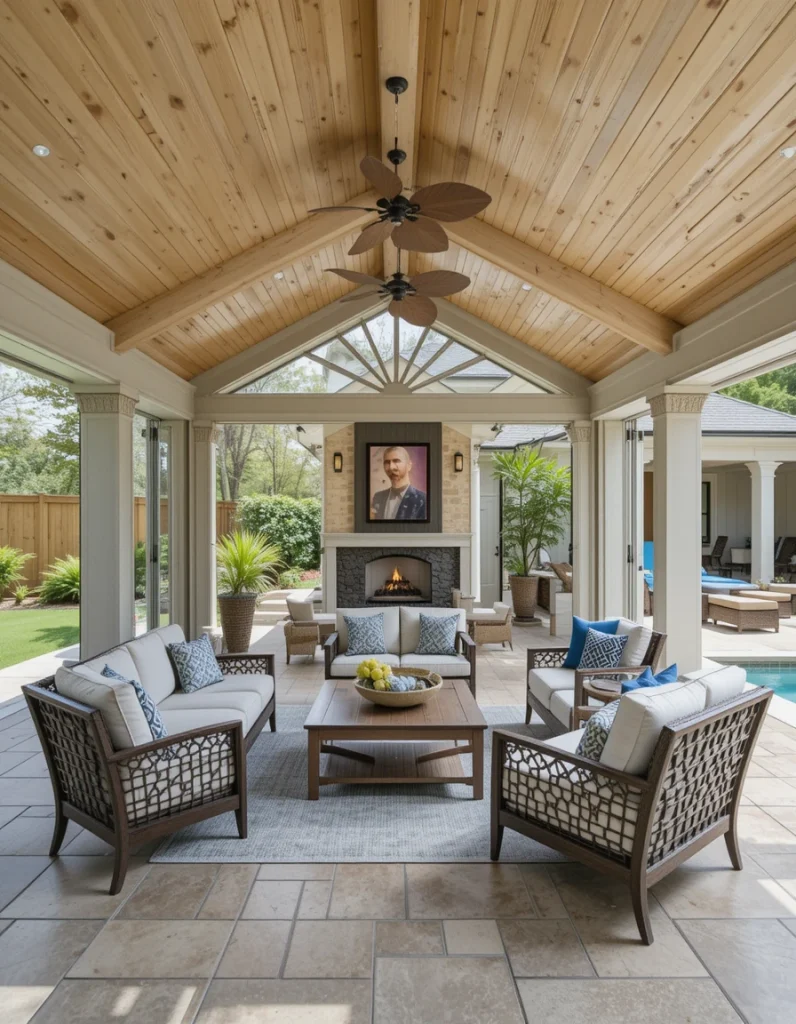This cabana blends enclosed and open elements for year-round usability. Large openings maintain airflow while the enclosed section provides shelter from rain. Using matching flooring ties the zones together. Furniture that transitions between indoor and outdoor use keeps the look cohesive. This hybrid option works great in climates with variable weather.
