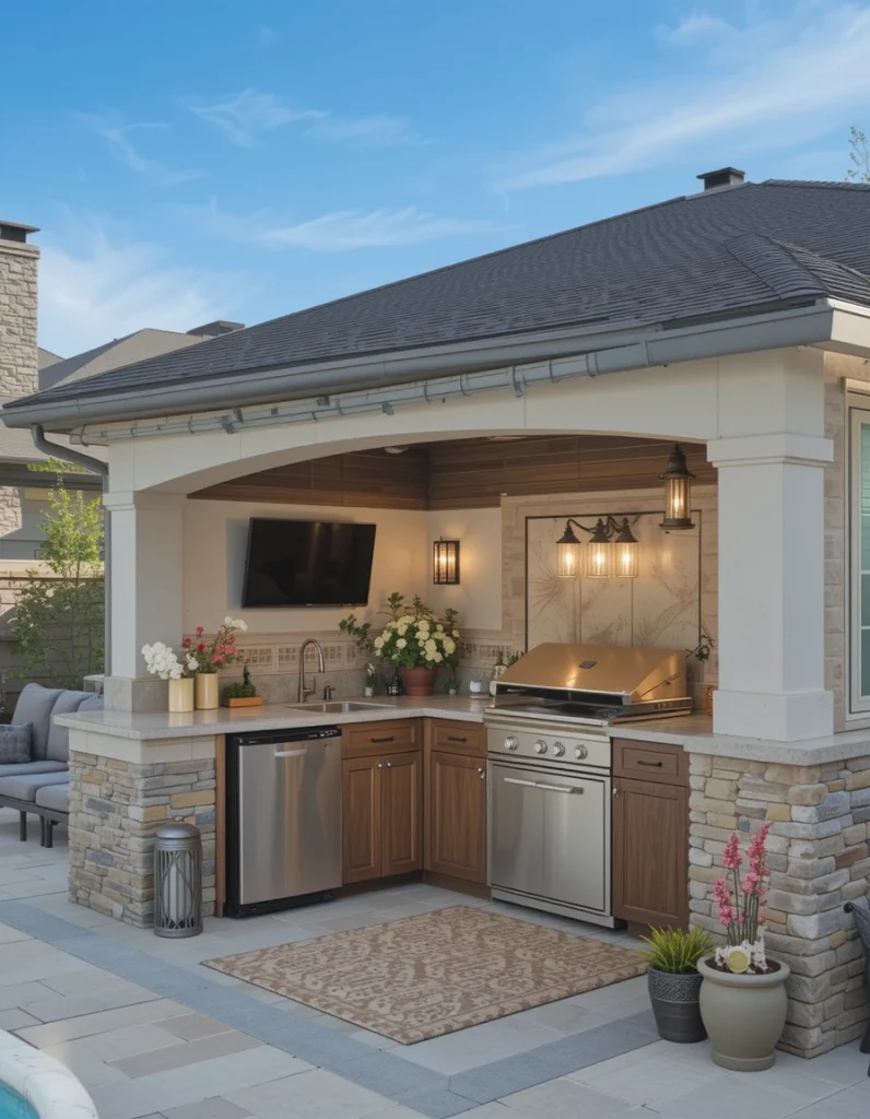 An outdoor kitchenette transforms your cabana into a full entertainment hub. A mini-fridge, sink, and prep area make outdoor meals easy. Durable countertops and weather-proof cabinetry ensure longevity. Guests can gather around while food is being prepared, making it great for social events. This feature reduces trips inside and keeps the outdoor vibe going strong.
