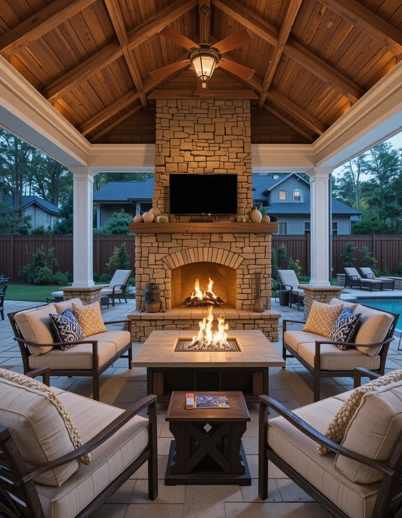 Adding a fireplace makes evening swims and late-night hangs even better. Whether gas or wood-burning, the warm glow adds instant atmosphere. Comfortable seating around the fire creates a natural gathering spot. Stone or tile finishes help tie the fireplace into the overall design. This is a favorite for homeowners who want their cabana to feel useful year-round.
