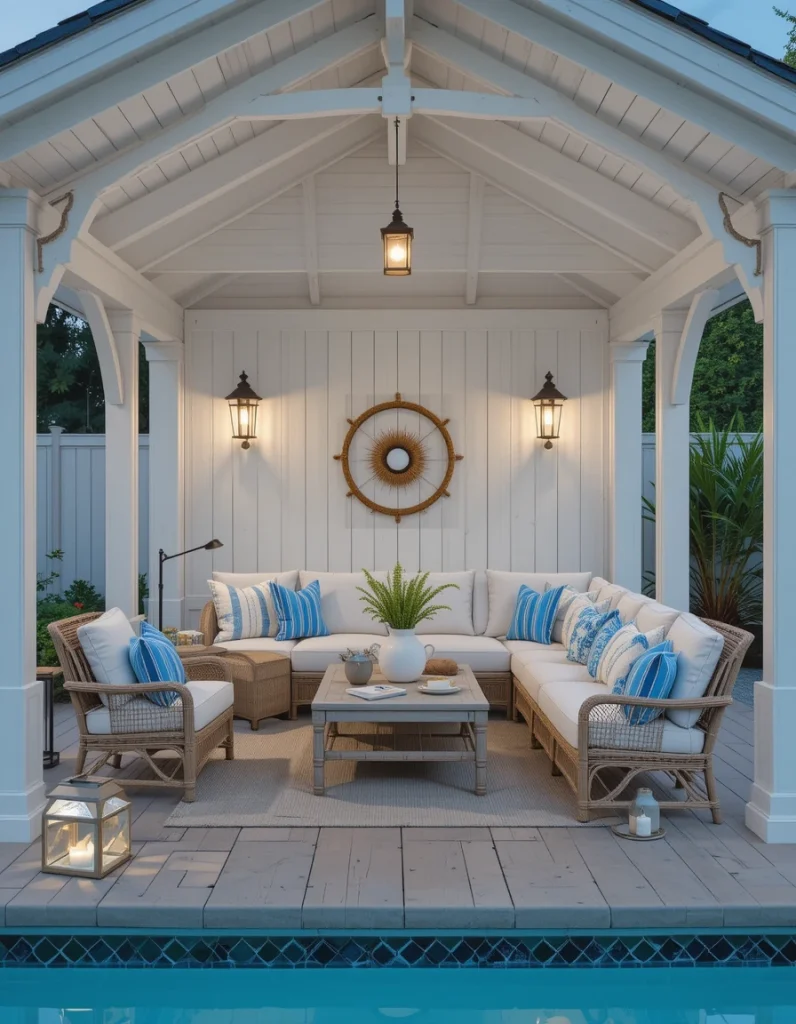 A coastal cabana brings in whitewashed woods, soft blues, and breezy fabrics that instantly feel fresh. This style works well near any pool because it makes the entire space brighter without overwhelming it. Adding rope details or woven textures adds visual interest without feeling forced. A few lantern-style lights can create a gentle glow at night and make the cabana feel welcoming. Real-life homeowners love this look because it’s low-maintenance and always looks clean and polished.