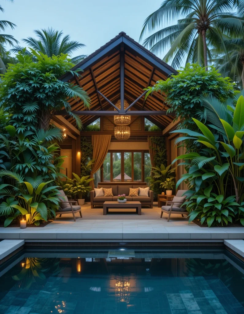 With lush plants, bamboo, and rattan accents, this cabana feels like you stepped into a private resort. The layered greenery softens the structure and creates natural privacy. A thatched or wood-slatted roof enhances the island vibe. Soft lighting at night makes the cabana feel even more transportive. Homeowners who love vacation-style living often pick this look because it instantly shifts the mood.
