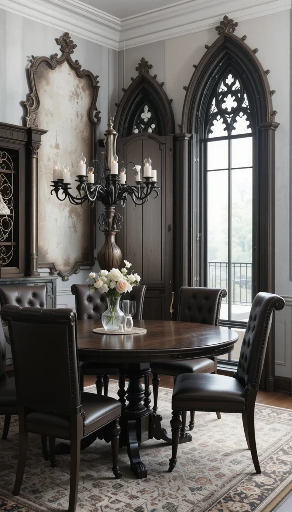 High-backed chairs with carved details add architectural drama even if the rest of the room is simple. They create a sense of height and grandeur, which is a hallmark of gothic style. Upholstered versions add comfort while still feeling theatrical. Dark leather or velvet can help the chairs feel more substantial. This is a great upgrade if you’re renting or avoiding major renovations.
