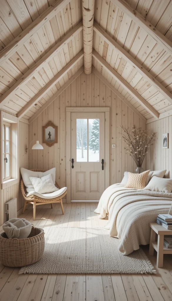 Scandi-style cabins focus on light wood, soft textures, and functional beauty. White walls paired with pale timber floors prevent the space from feeling too enclosed. Natural fabrics like wool and linen soften the interior without clutter. The design feels intentional but never cold, which is why it’s so popular in modern cabins. It’s perfect for anyone who wants simplicity with warmth.