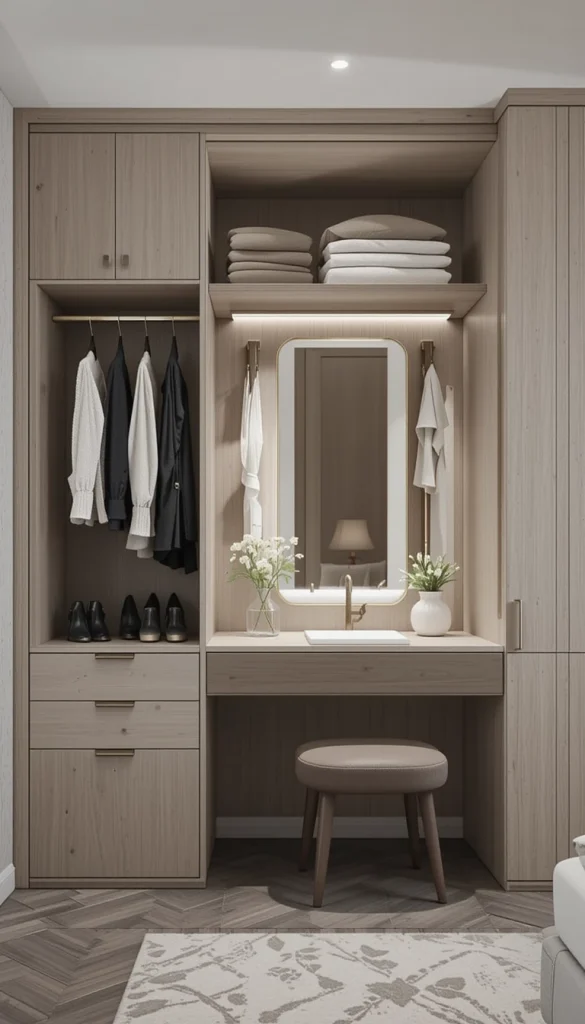 Combining a wardrobe with a dressing table creates a cohesive and functional layout. This design reduces the need for extra furniture and keeps everything within reach. It’s ideal for master bedrooms where flow and efficiency matter.Matching finishes help the wardrobe feel custom-built rather than pieced together. The result is a polished, hotel-inspired look.