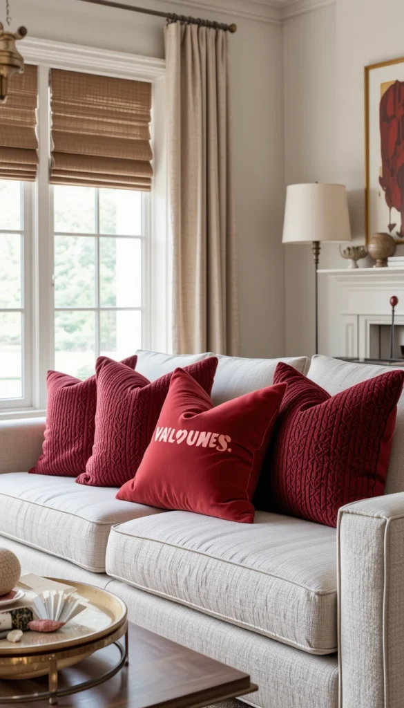 A neutral sofa instantly becomes Valentine-ready with deep red or muted crimson throw pillows. The key is keeping the palette controlled so the red feels intentional rather than festive. Pairing the pillows with textured fabrics like velvet or woven cotton adds depth without clutter. This works especially well in contemporary spaces where clean silhouettes need a touch of warmth. It’s an easy update that feels cozy and visually grounded.