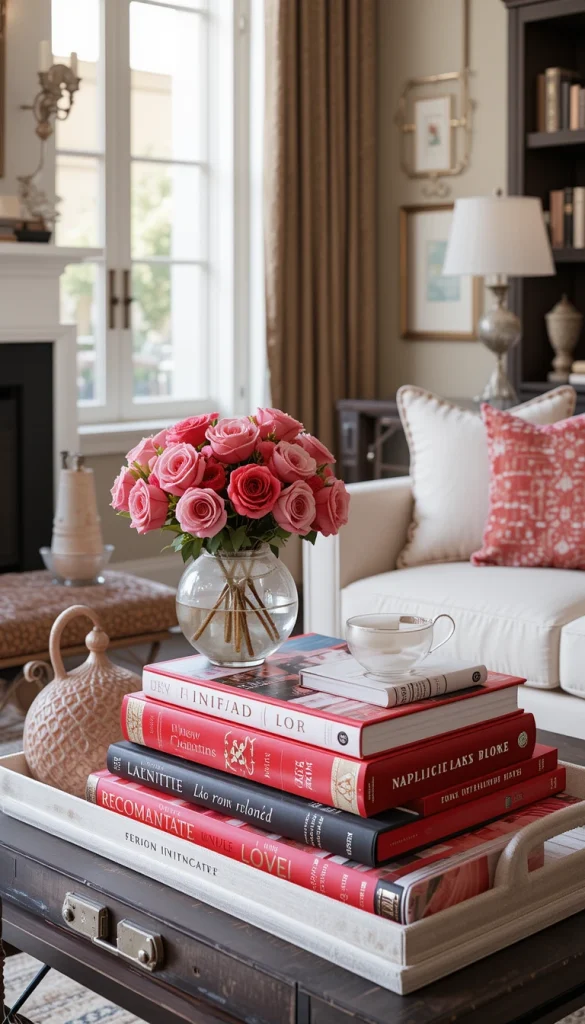 Coffee table books with red covers are an underrated design trick. They add color while still feeling intentional and intellectual. Stacking them with neutral trays or sculptural objects keeps the look refined. This works well for modern homes that favor subtle styling. It’s romantic, but also practical.