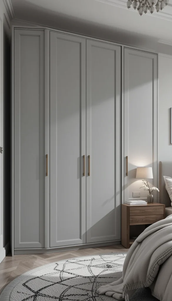 Gray wardrobes strike a perfect balance between light and dark. Soft gray tones feel calm, versatile, and timeless. They adapt easily to changing decor trends, which makes them a long-term investment. Pairing gray with wood or metallic accents adds warmth. This design works beautifully in both minimalist and contemporary bedrooms.