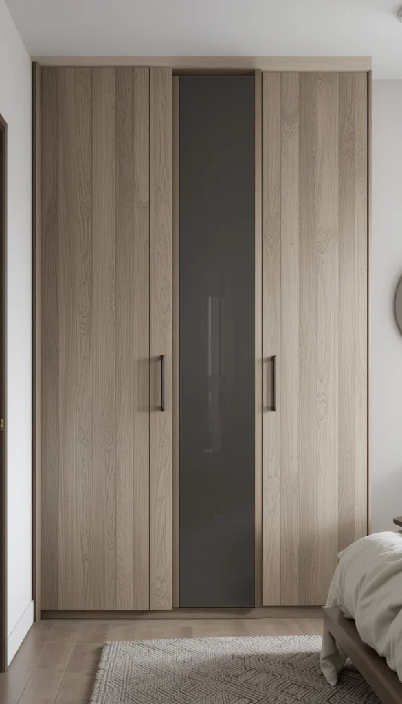 Modern wardrobe design) Accent panels add personality without overwhelming the design. A subtle wood or textured panel can break monotony beautifully. This small detail elevates the entire wardrobe, making it feel custom. It’s a great way to add interest without committing to bold colors. The look stays modern and adaptable.