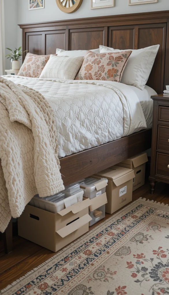 The space under your bed is prime real estate, but only if used with purpose. Random boxes shoved underneath just become hidden clutter. Store only seasonal or rarely used items in labeled containers. This keeps everyday essentials within reach elsewhere. Knowing exactly what’s under your bed prevents forgotten messes.
