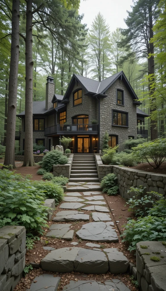 Stone walls extend beyond the home, shaping pathways and outdoor spaces. This creates a cohesive exterior environment rather than a standalone structure. The home feels deeply rooted in its site. Stone also provides durability in forest climates. This approach emphasizes longevity and connection to place.