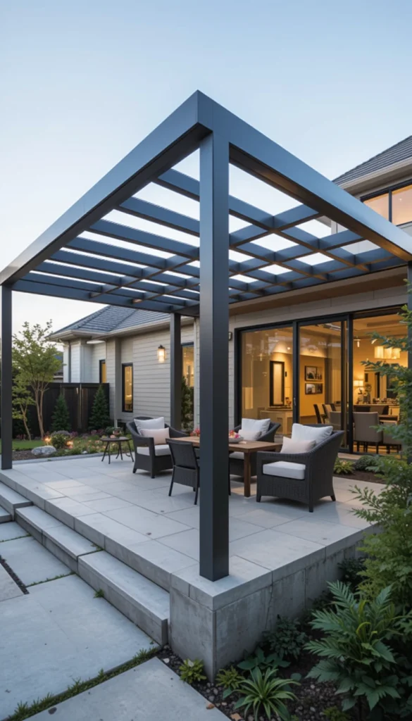Metal pergolas offer clean lines and modern appeal. Aluminum or steel structures are durable and low maintenance. This style pairs beautifully with contemporary homes and concrete patios. The sleek frame provides structure without visual clutter. Real-life examples often include integrated lighting for evening use.