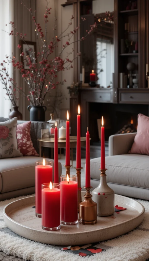 Candles are an instant mood-setter, and red versions add a subtle Valentine nod. Grouping red candles with neutral trays or sculptural objects keeps the styling modern. The glow softens sharp lines and creates an intimate evening atmosphere. This works especially well for open-plan living rooms where ambiance matters. It’s romantic without being obvious.