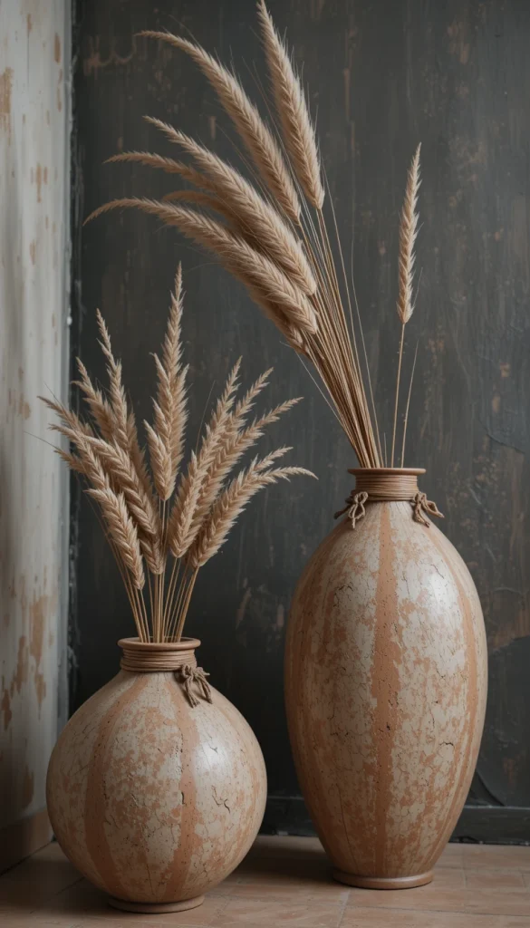 Clay vessels inspired by North and West African pottery add organic shape and earthy warmth. Their imperfect textures make them feel handmade and intentional. You can use them as standalone décor or fill them with dried grasses for added height. Larger pieces look stunning in entryways where they can make an impact. They instantly ground a room with natural beauty.