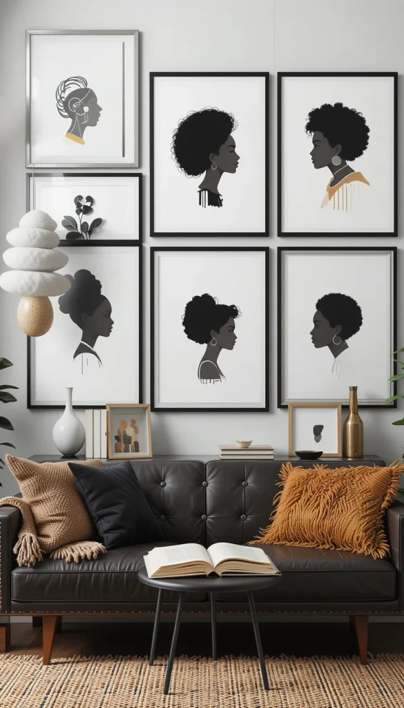 Minimalist black-and-white line drawings featuring Afro silhouettes or hairstyles offer a subtle way to bring culture into the room. The simplicity allows them to pair well with any décor style—from Scandinavian to contemporary. Because the focus is on shape and expression, the art feels elegant rather than theme-heavy. Grouping multiple prints can create a cohesive gallery wall. They bring culture in a refined, modern way.