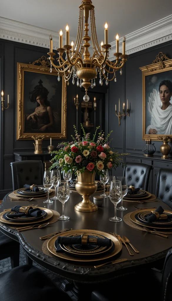 Black sets the gothic tone, but gold provides warm contrast that prevents the room from feeling flat. Use gold on frames, silverware, charger plates, or napkin rings. The combination instantly reads as opulent and grounded. If you prefer subtlety, choose brushed or antique gold instead of high-shine finishes. Even a single gold centerpiece can shift the overall feel of your dining space.