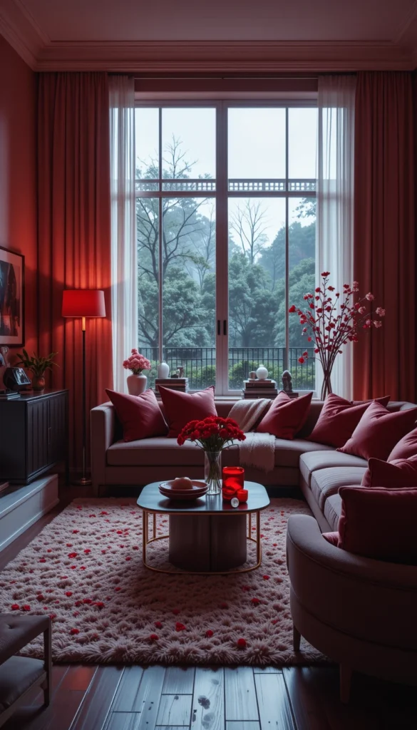 Red-toned lampshades or bulbs add subtle romance through lighting. In a contemporary living room, soft red glows work best in corners or reading nooks. This creates intimacy without altering the room’s main color palette. It’s ideal for evening relaxation or entertaining. Lighting does the emotional work without visual clutter.