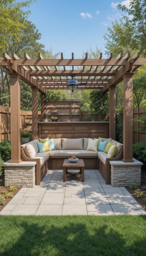 Built-in benches make pergolas more functional. Seating becomes part of the structure rather than an afterthought. This is ideal for small patios. Integrated seating saves space and looks intentional. Real homes often add cushions for comfort.