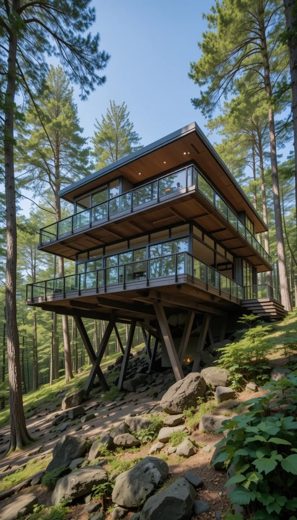 Built slightly above ground level, this mansion minimizes disruption to the natural terrain. Slim structural supports allow the forest floor to remain mostly untouched beneath the home. Glass railings and open terraces keep sightlines clear and unobstructed. This approach works beautifully on sloped or sensitive land. The home feels like it’s floating quietly within the forest canopy.