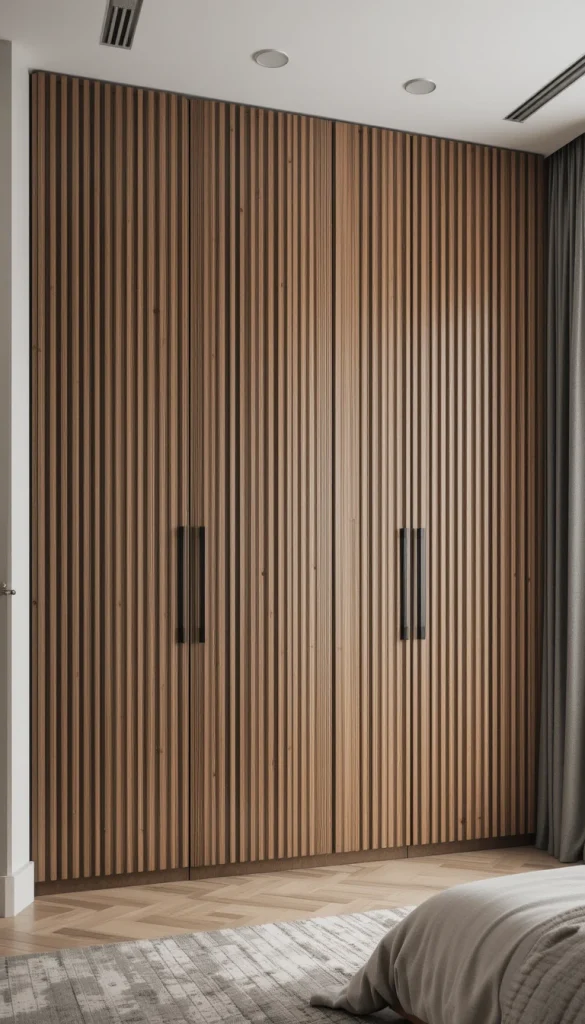 Vertical wood slats bring warmth while maintaining a clean, architectural feel. This design balances modern structure with natural texture, making the wardrobe feel like part of the room’s decor. The slatted surface adds depth without heavy ornamentation, which keeps the look elegant rather than rustic. It pairs especially well with neutral walls and soft lighting. This is a great option for anyone who wants warmth without sacrificing minimalism.